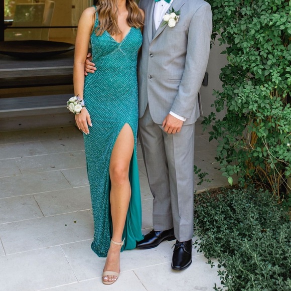 Stunning Teal/Aqua Max Duggal Beaded Gown - Picture 2 of 5
